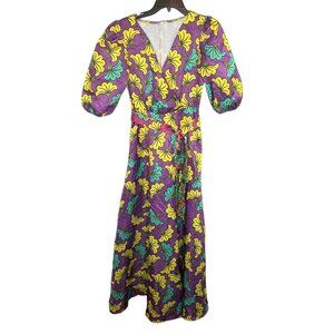 Colorful Maxi Dress women Sz Small V-Neck Wrap Top Puff Sleeve purple yellow Y2K